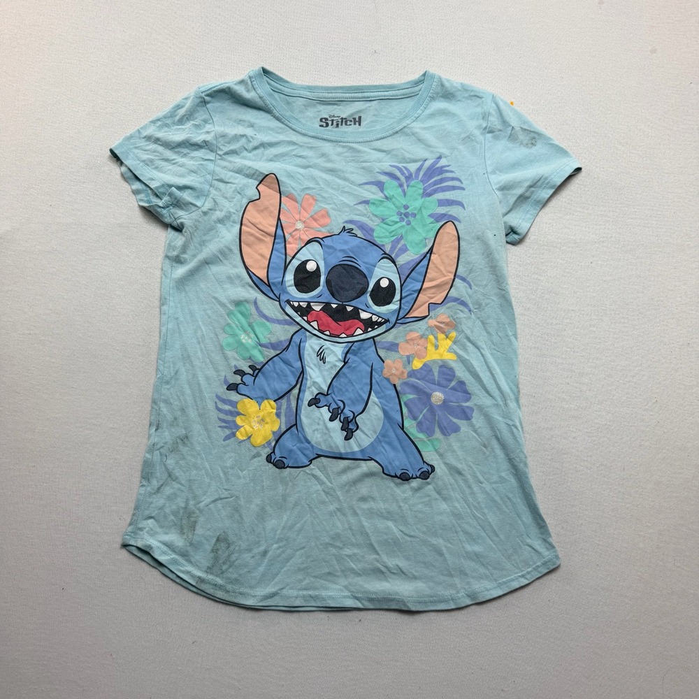 Disney Stitch Graphic Tee Kids Extra Large Blue Fair Stained Tropical Floral